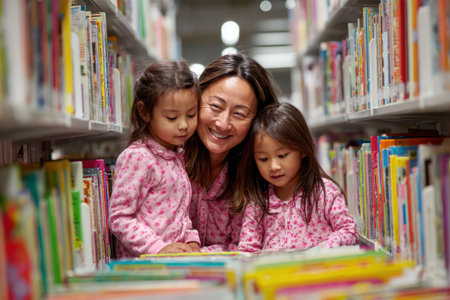 Female adult engaging with two young girls in a vibrant library, exploring books together, creating a joyful atmosphere of learning and discoveryの素材