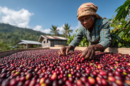 Senior woman in traditional clothing is sorting coffee cherries on a wooden platform, surrounded by lush greenery and bright sky, highlighting agricultural practicesの素材