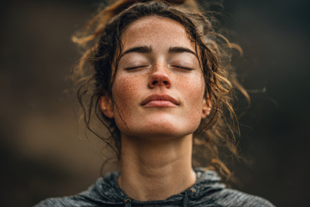 Female with curly hair and freckles, eyes closed in peaceful expression, enjoying nature, surrounded by soft light, capturing a moment of tranquility and mindfulnessの素材