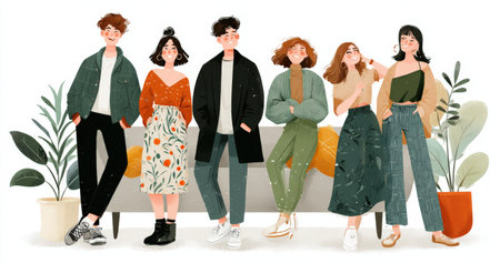 Diverse group of young adults stands together in a modern environment, displaying unique fashion choices and vibrant expressions, ideal for lifestyle imageryの素材