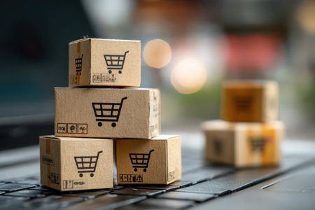 Cardboard boxes featuring shopping cart graphics are stacked on a surface, representing e-commerce and online shopping themes in a contemporary retail settingの素材