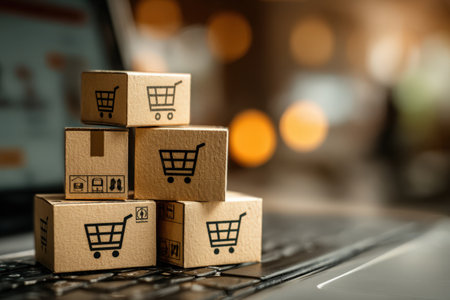 Cardboard boxes featuring shopping cart graphics are arranged on a laptop keyboard, symbolizing online shopping and e-commerce, with a soft bokeh background enhancing the sceneの素材