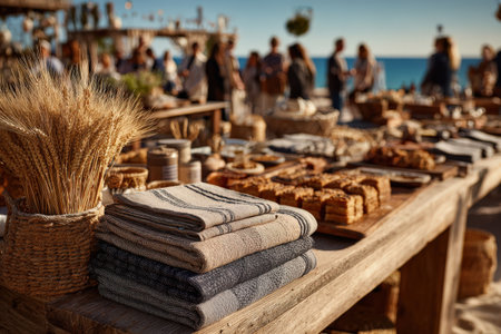 Outdoor market scene showcases woven baskets filled with baked goods and textiles, creating a warm, inviting ambiance with people enjoying the beachside atmosphereの素材