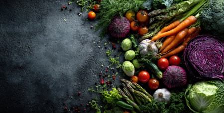 Vibrant collection of fresh vegetables like carrots, broccoli, and tomatoes displayed on a dark surface, creating a visually appealing scene with copy space availableの素材