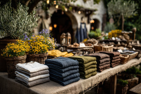 Neatly arranged textiles on wooden table, surrounded by flowers and baskets, creating a warm market atmosphere that highlights craftsmanship and natural beautyの素材