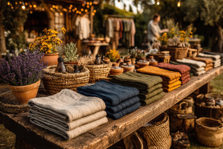 Textiles in various colors are displayed on a wooden table, with baskets and flowers enhancing the market scene, inviting customers to explore and shopの素材