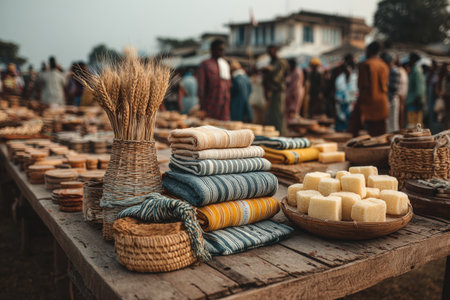 Vibrant market scene with woven baskets, textiles, and fresh produce, highlighting local craftsmanship and community interaction in a lively outdoor settingの素材
