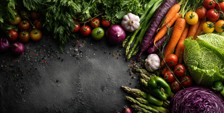 Vibrant collection of assorted vegetables like tomatoes, carrots, and garlic displayed on a dark surface, providing ample copy space for creative projectsの素材