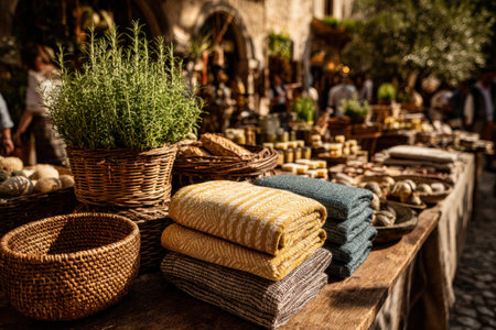 Market scene features woven baskets with herbs, colorful textiles, and artisanal goods on wooden tables, highlighting the charm of local craftsmanship and community atmosphereの素材