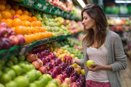 Female shopper is choosing apples and green fruits in a grocery store, surrounded by a variety of colorful produce, highlighting healthy eating habitsの素材
