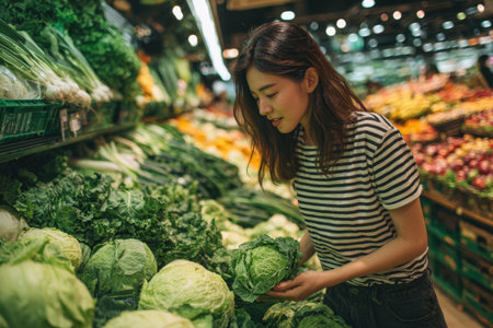 Female shopper is examining fresh vegetables in a grocery store, surrounded by colorful produce, highlighting healthy lifestyle and vibrant shopping atmosphereの素材