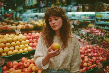Female shopper with curly hair, selecting an apple in a grocery store, surrounded by colorful fruits, highlighting healthy eating and vibrant market atmosphereの素材