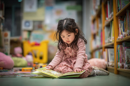 Child with black hair, is sitting on library floor, focused on colorful storybook, surrounded by shelves filled with children's literature and cozy atmosphereの素材