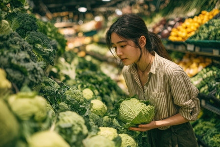 Female shopper is carefully examining fresh vegetables in a grocery store, surrounded by an array of greens and colorful produce, emphasizing healthy lifestyle choicesの素材