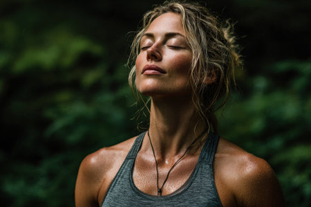 Female athlete, with blonde hair, is engaged in mindfulness practice outdoors, surrounded by vibrant greenery, radiating calmness and serenity in a natural settingの素材