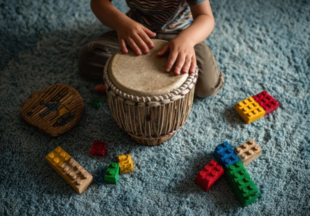 Child enthusiastically playing a drum on a plush blue carpet, surrounded by vibrant building blocks, fostering creativity and musical enjoyment during playtimeの素材