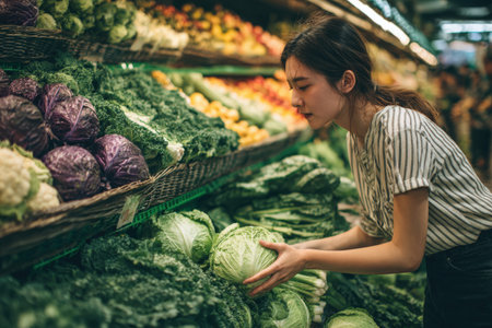 Female shopper is carefully choosing fresh vegetables in a grocery store, surrounded by colorful produce, emphasizing healthy eating and lifestyle choicesの素材