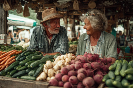 Senior couple sharing a joyful moment at a bustling farmers market, surrounded by colorful vegetables, creating a warm and inviting community atmosphereの素材