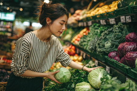 Female shopper is carefully choosing fresh vegetables in a grocery store, with colorful produce displayed around her, emphasizing healthy eating habitsの素材