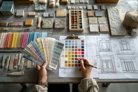 Designer is reviewing color swatches and architectural plans on a wooden table, surrounded by materials, showcasing the creative selection process for a projectの素材