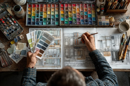 Individual focused on architectural illustration, utilizing watercolor paints and color palettes, surrounded by various art supplies, highlighting artistic creativity and design explorationの素材