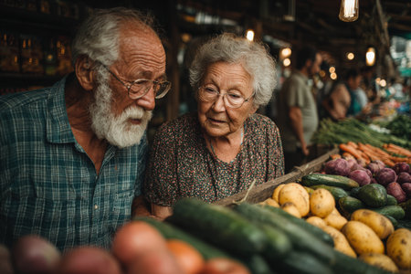 Senior couple engaged in selecting fresh produce at a lively market, surrounded by an array of colorful fruits and vegetables, highlighting community and togethernessの素材