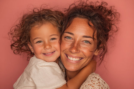 Happy woman with curly hair holds young girl, both smiling brightly in a close embrace, set against a soft pink backdrop, radiating joy and affectionの素材