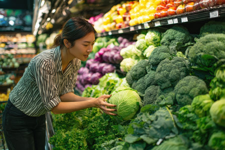 Female shopper is choosing fresh cabbage in a grocery store, with an array of colorful vegetables around, promoting healthy lifestyle choices and vibrant food optionsの素材
