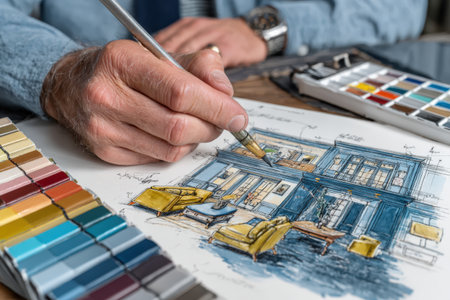 Artist's hand is sketching an interior design illustration with colorful swatches and tools on a wooden table, highlighting the creative design processの素材