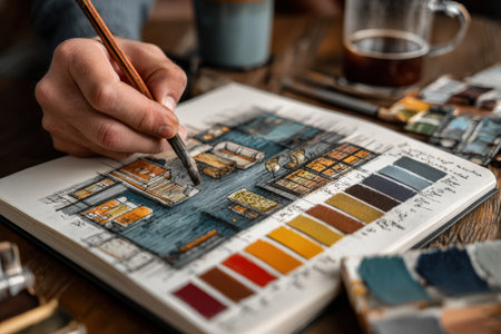 Artist's hand is drawing an interior design concept in a notebook, with vibrant color swatches and a coffee cup nearby, illustrating the creative processの素材
