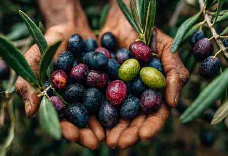 Person's hands display an assortment of ripe olives in various colors, surrounded by vibrant green leaves, highlighting the beauty of nature and the harvest processの素材