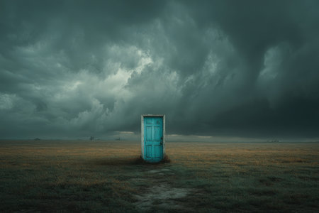 Turquoise door positioned in vast field with ominous storm clouds overhead, creating a sense of intrigue and wonder in a surreal environmentの素材