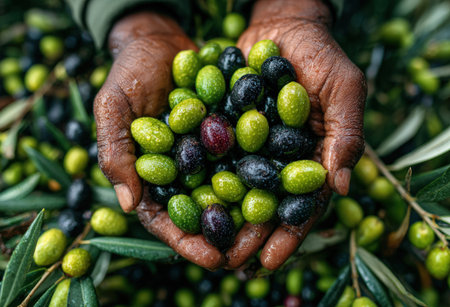 African american person holds assorted olives in hands, displaying rich colors and textures, with olive branches in the background, emphasizing natural harvestの素材