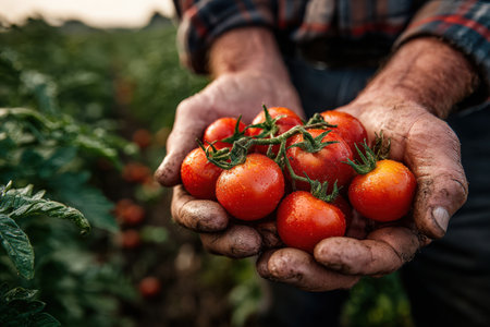 Farmer's hands display freshly picked red tomatoes, highlighting rich colors and textures, with green plants in the background creating a vibrant agricultural sceneの素材