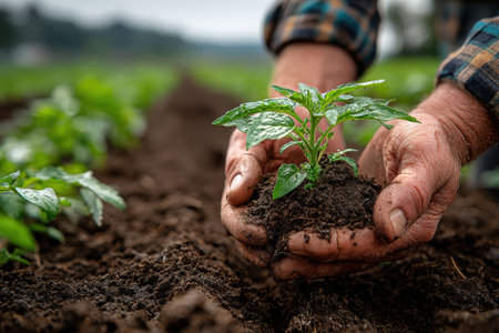 Hands carefully planting a vibrant green seedling in dark soil, surrounded by flourishing plants, illustrating the dedication to nurturing and cultivating natureの素材