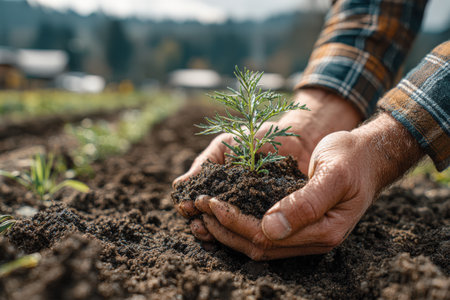 Gardener's hands gently hold a young plant in fertile soil, surrounded by lush greenery, emphasizing the importance of nurturing nature and sustainable practicesの素材
