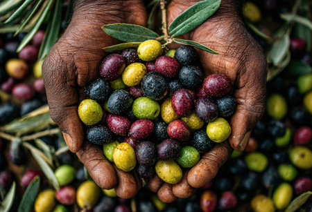Hands are filled with a colorful mix of fresh olives, highlighting their diverse hues and textures, surrounded by olive leaves, representing Mediterranean cuisineの素材