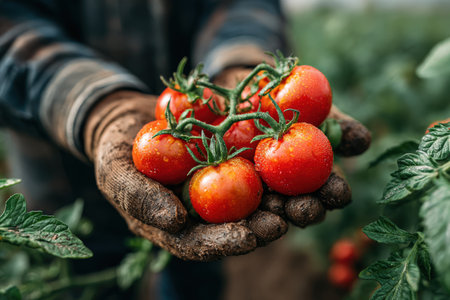 Gardener with gloved hands holds freshly picked red tomatoes, surrounded by vibrant green foliage, highlighting the beauty of organic gardening and sustainable practicesの素材