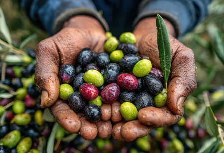 African man displays a rich collection of olives in hands, highlighting diverse colors and textures, with olive branches creating a lush, organic atmosphereの素材