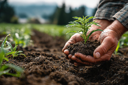 Farmer's hands are planting a young seedling into fertile soil, surrounded by lush crops in a field, emphasizing the importance of nurturing nature and sustainable agricultureの素材