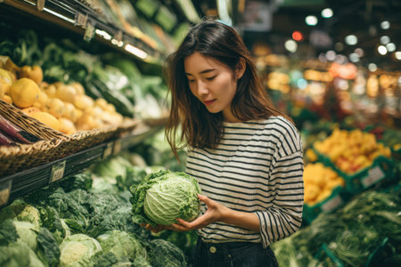 Female shopper inspects fresh cabbage in grocery store, surrounded by colorful vegetables and fruits, highlighting healthy eating habits and vibrant market atmosphereの素材
