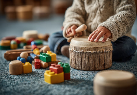 Child with light brown skin, is playing a wooden drum on soft carpet, surrounded by vibrant building blocks and toys, showcasing joyful creativity and explorationの素材