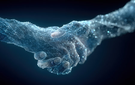 Two hands are depicted in a digital format, formed by glowing particles and lines, representing unity, partnership, and technological advancement in a modern settingの素材