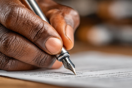 Male individual with dark skin is writing with a fountain pen on paper, emphasizing the significance of written communication in a focused and professional environmentの素材