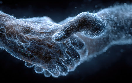 Two hands composed of luminous particles are shaking hands, representing a powerful connection and collaboration in a digital, futuristic atmosphere filled with energyの素材