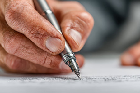 Hand gripping a silver fountain pen, inscribing on paper, highlighting the beauty of handwriting and the artistic process in a serene environmentの素材