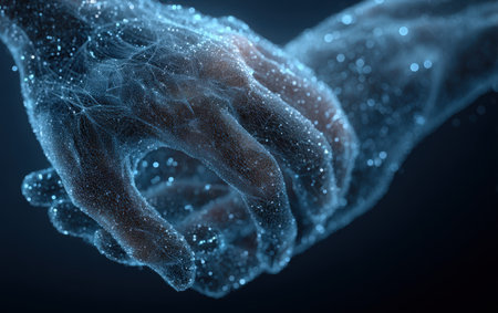 Two hands are depicted reaching towards each other, created from luminous particles and light, representing connection and unity in a digital realmの素材