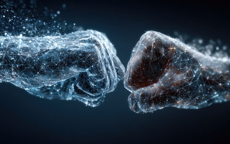 Two hands, one illuminated in blue and the other in dark tones, are connecting in a fist bump, representing unity and collaboration in a digital realmの素材