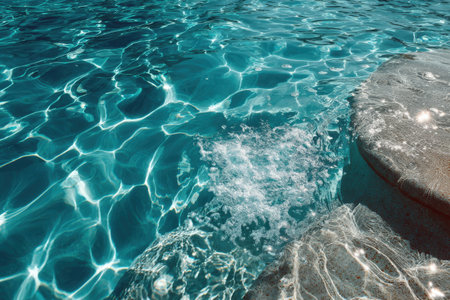 Clear swimming pool water, sunlight reflecting on surface, creating a tranquil scene, perfect for relaxation, leisure activities, and summer enjoymentの素材