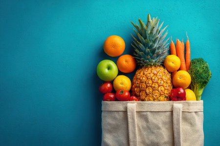 Vibrant collection of fruits and vegetables in a reusable bag, set against a bright blue backdrop, promoting healthy lifestyle choices and eco-friendly practicesの素材
